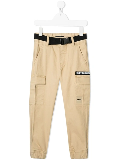 Dkny Kids' Logo-patch Cotton Cargo Trousers In Neutrals