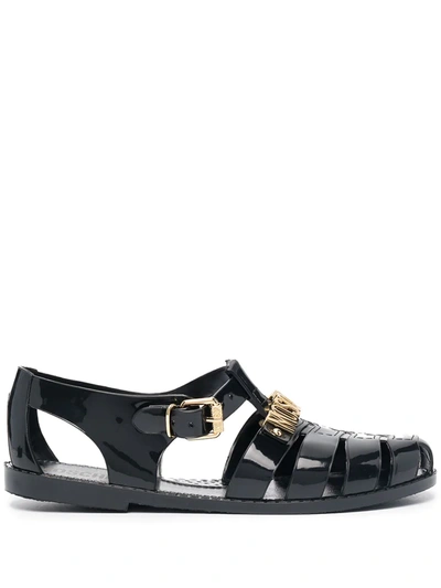 Moschino Jelly Black Sandals With Golden Logo