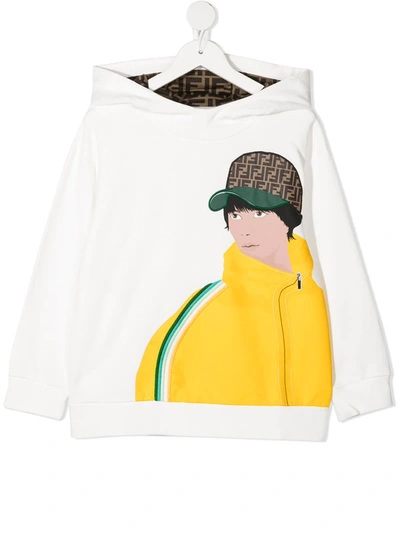 Fendi White Teen Sweatshirt With Hood And Multicolor Print
