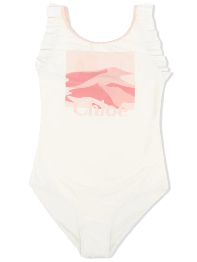 Chloé Kids' Ivory Swimsuit For Girl With Logo In White