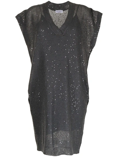 Brunello Cucinelli V-neck Sequin-embellished Knit Dress In Grey | ModeSens