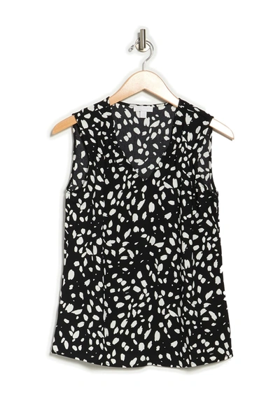 14th & Union Printed Gathered Shoulder Sleeveless Top In Black- Ivory Dot Marks