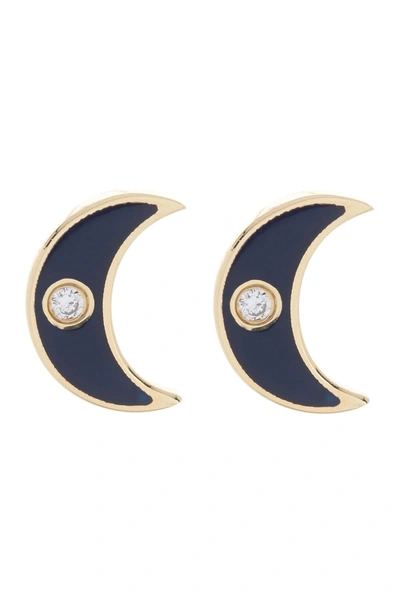 Ef Collection 14k Yellow Gold Bezel Set Diamond & Enamel Moon Stud Earrings