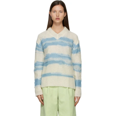 Acne Studios Distressed Striped Open-knit Sweater In White