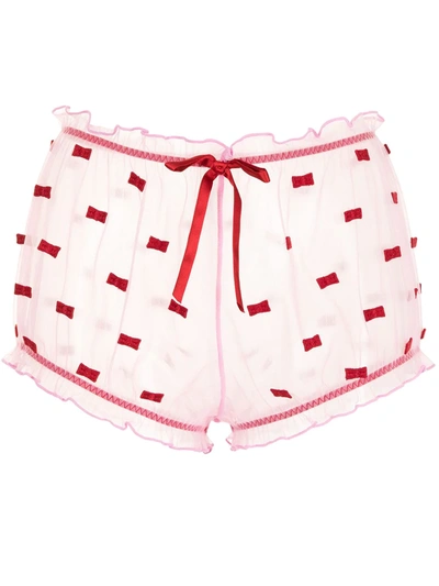 Fleur Du Mal Bow-embroidered Ruched Shorts In Pink
