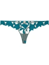 Fleur Du Mal Lily Velvet-trimmed Embroidered Stretch-tulle Thong In Blue