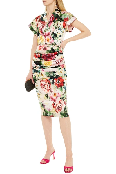 Dolce & Gabbana Ruched Floral-print Silk-blend Satin Midi Dress In Peach
