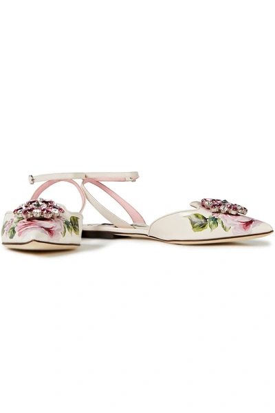 Dolce & Gabbana Crystal-embellished Floral-print Leather Point-toe Flats In White