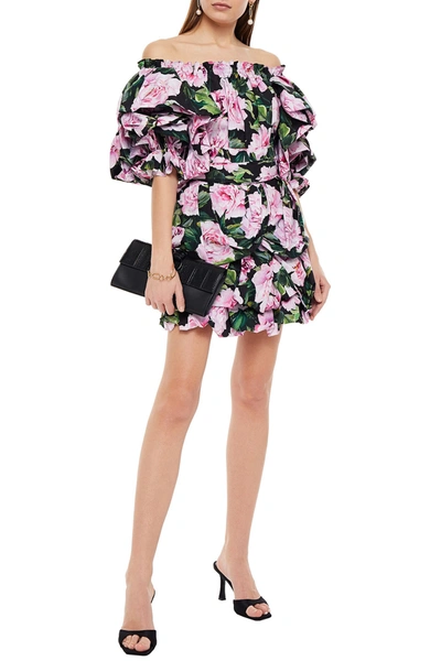 Dolce & Gabbana Off-the-shoulder Ruffled Floral-print Cotton-poplin Mini Dress In Black