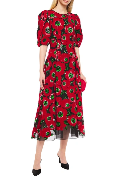 Dolce & Gabbana Pleated Floral-print Flocked Organza Midi Dress In Red