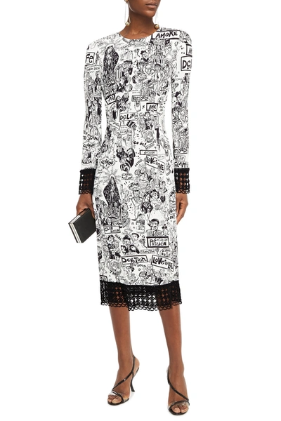 Dolce & Gabbana Crochet-trimmed Printed Crepe Midi Dress In White