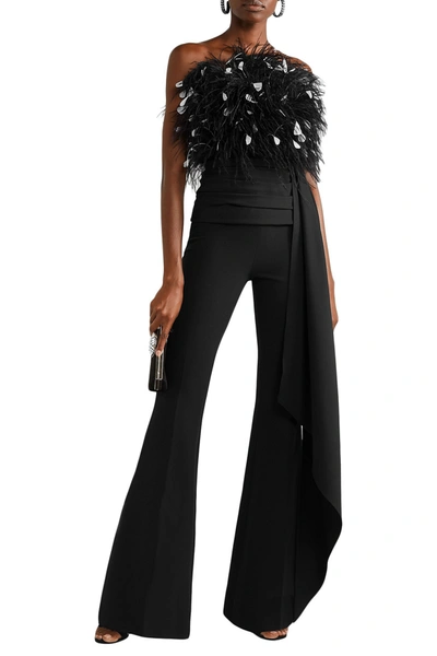 Oscar De La Renta Strapless Draped Feather-embellished Tulle And Ruched Wool-blend Top In Black