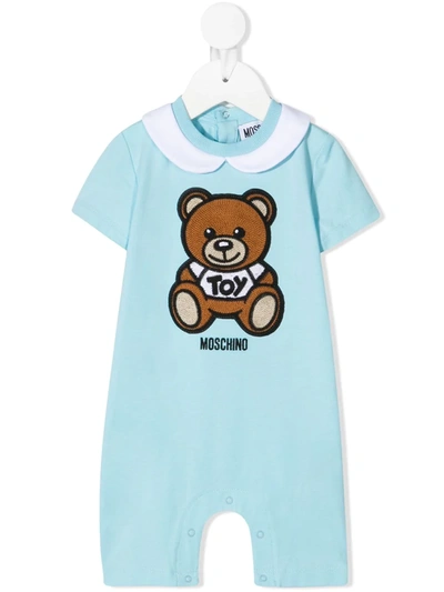 Moschino Babies' Teddy Embroidery Stretch-cotton Romper In Light Blue