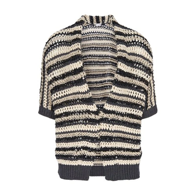 Brunello Cucinelli Cardigan Sweater With Concealed Button In Cotton, Linen And Silk With Mesh Effect With Sequins In Multicolour