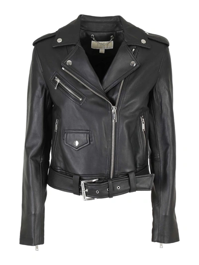 Michael Kors Crinkled Leather Moto Jacket In Black
