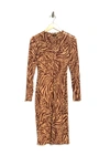 Afrm Loah Long Sleeve Mesh Midi Dress In Brown Multi Animal