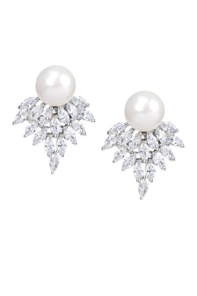 Cz By Kenneth Jay Lane Marquise Cluster Cz & Pearl Earrings In White-clear-silver