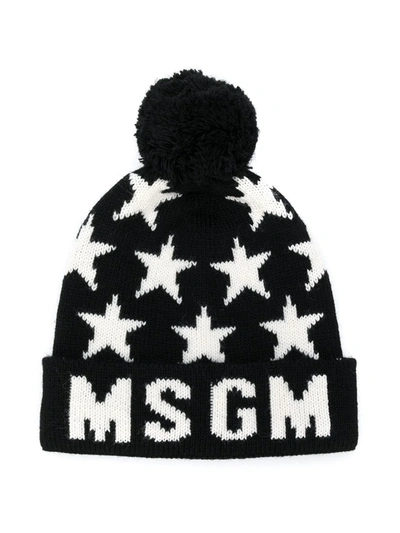 Msgm Kids' Star Logo Knitted Beanie In Black