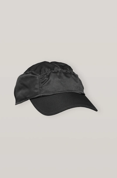 Ganni Black Satin Ruched Cap