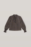 Ganni Seersucker Check Long-sleeve Blouse In Fossil