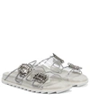 Roger Vivier Slidy Viv Strass Buckle Crystal-embellished Metallic-woven Sliders In Silver