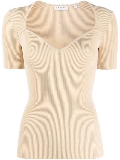Sandro Safran Rib Knit Top With Sweetheart Neckline In Sand