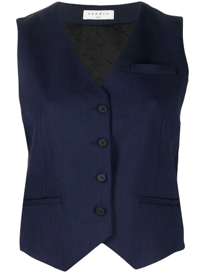 Sandro Womens Navy Blue Maxwell Cropped Stretch-woven Waistcoat 10