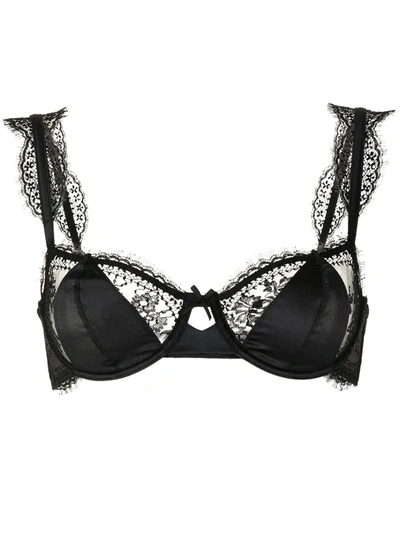 Fleur Du Mal Frankie Satin And Tulle-trimmed Leavers Lace Underwired Balconette Bra In Black