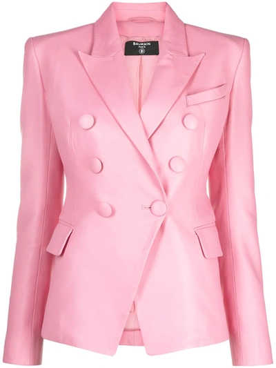 Balmain 6-button Double-breasted Leather Blazer In Pink