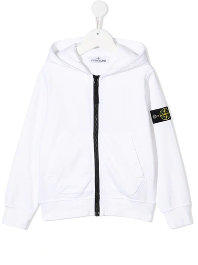 Stone Island Teen Logo-patch Zip-up Hoodie In White