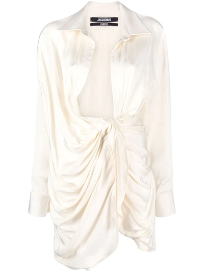 Jacquemus Bahia Plunge-neck Knotted Twill Mini Dress In White