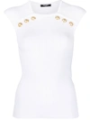 BALMAIN EMBOSSED-BUTTON SLEEVELESS KNITTED TOP