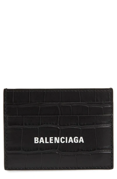 Balenciaga Logo Croc Embossed Leather Card Case In Black