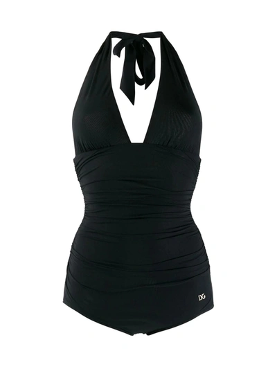 Dolce & Gabbana Deep V-neck Halterneck Swimsuit In Black