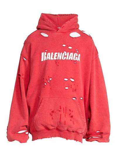 Balenciaga Oversized Distressed Logo-print Loopback Cotton-jersey Hoodie In Red