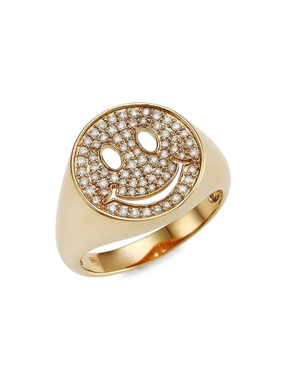 Sydney Evan Women's 14k Yellow Gold & Diamond Happy Face Signet Ring
