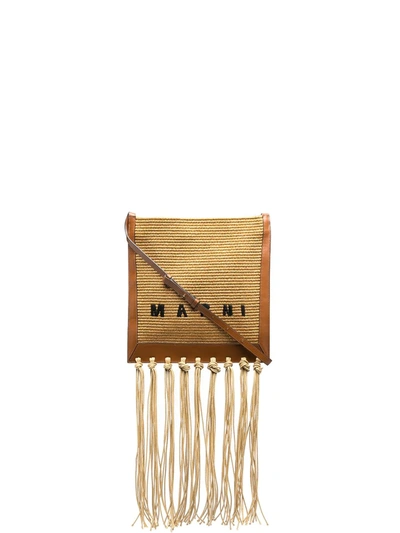 Marni Crossbody Bag In Raffia And Leather With Fringes In Beige
