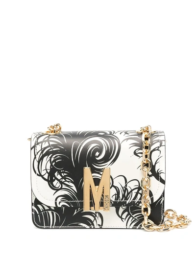 Moschino M Feather Print Leather Shoulder Bag In White