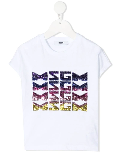 Msgm Teen Sequinned Logo Cotton T-shirt In White