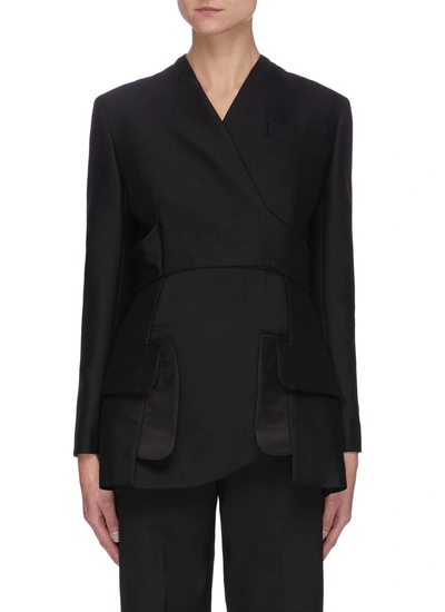 A.w.a.k.e. Collarless Deconstructed Wool-silk Blend Wrap Blazer In Black