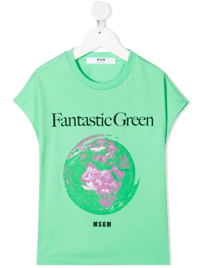 Msgm Kids' Graphic Print Short-sleeved T-shirt In Green