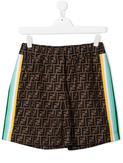 Fendi Kids' Boy's Logo Racer Stripe Shorts In Brown