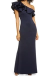 Eliza J Ruffle One Shoulder Bodycon Gown In Navy