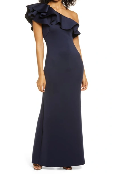 Eliza J Ruffle One Shoulder Bodycon Gown In Navy