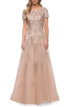 La Femme Tulle Lace A-line Short-sleeve Gown In Pink