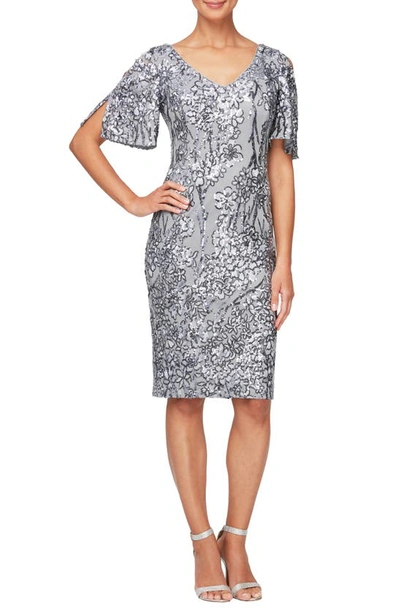Alex Evenings Slit Sleeve Sequin Cocktail Dress In Silver