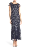 Pisarro Nights Beaded Mesh Column Gown In Navy
