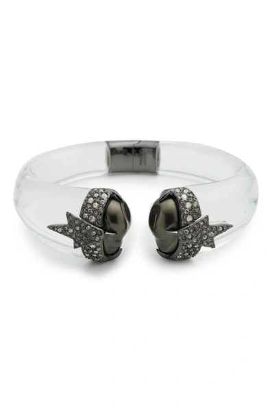 Alexis Bittar Transparent Lucite Black Crystal & Pearl End Cuff Bracelet