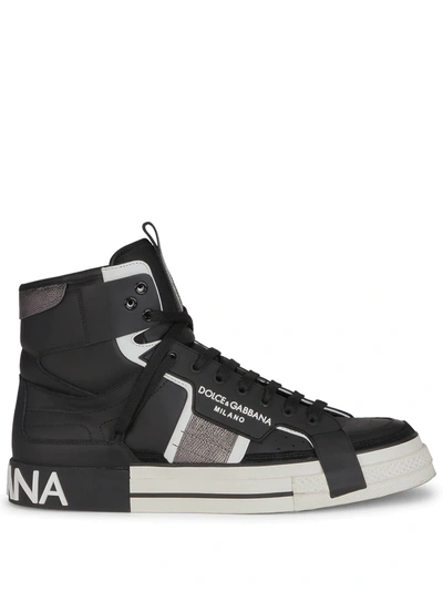 Dolce & Gabbana Calfskin 2.zero Custom High-top Sneakers With Contrasting Details In Nero