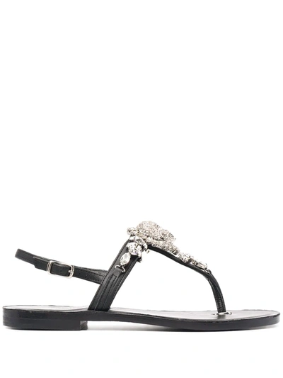 Philipp Plein Leather Thong Sandals With Low Heel And Ankle Strap In Black